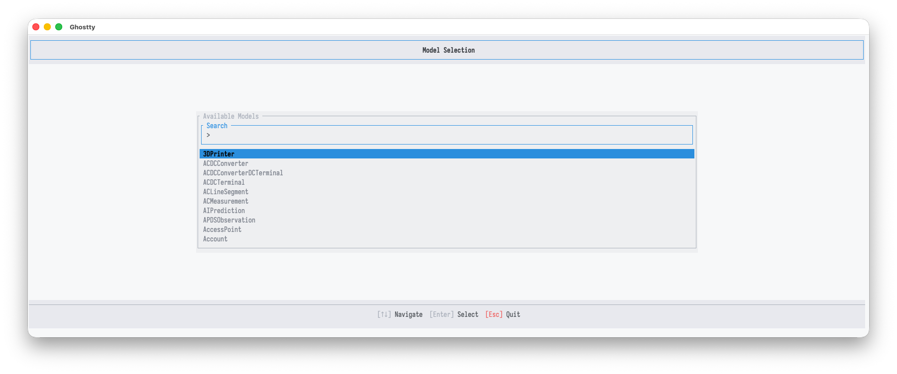 Explorer model selection: a search box above a filtered list of Smart Data Model names
