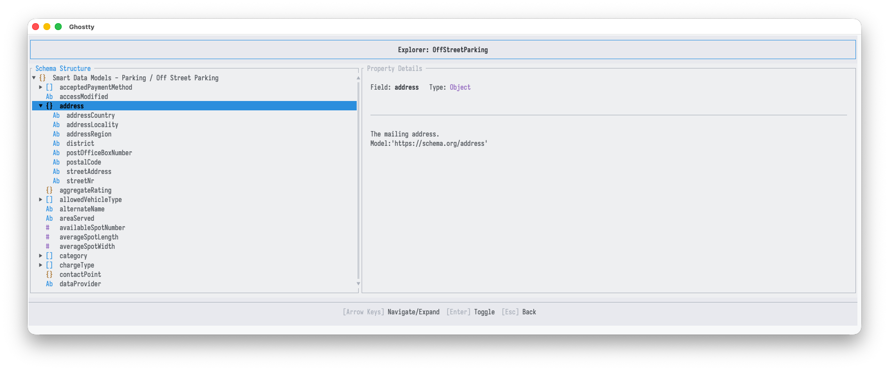 Explorer schema viewer: a schema tree on the left with the address object expanded, and the selected field's details on the right