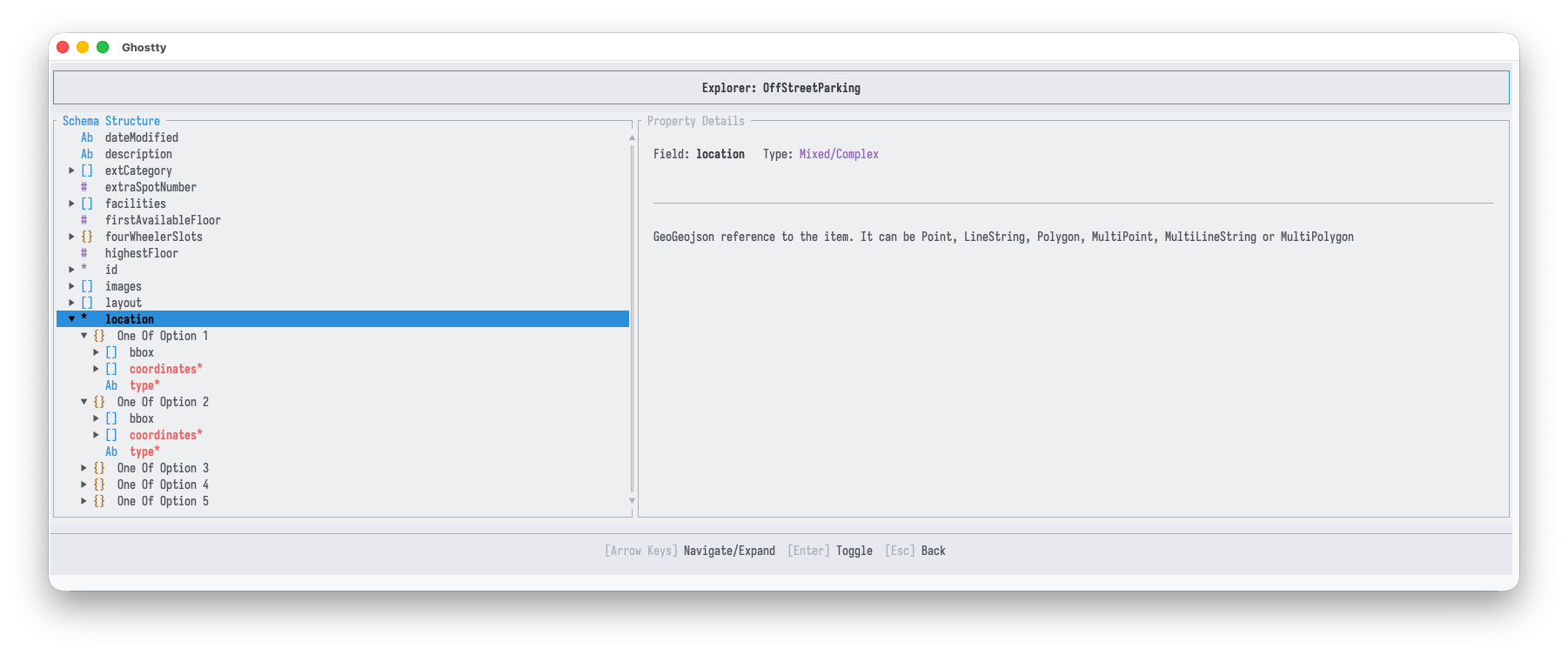 Explorer schema viewer: a location field of mixed type expanded to show its oneOf options, with required members marked