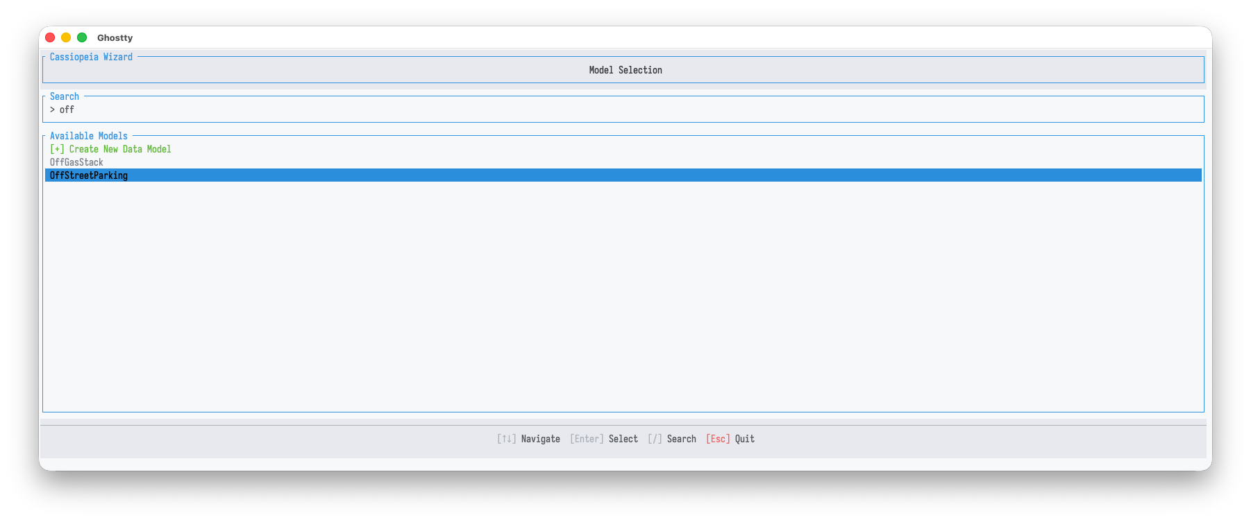 Wizard model selection: a search box filtering the model list, with a create-new-model action at the top