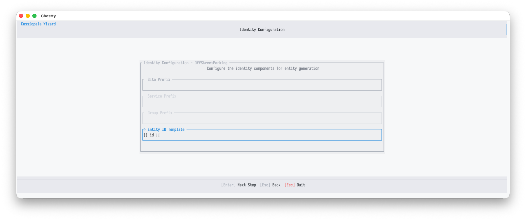 Wizard identity configuration: an active entity id template field showing double-brace id