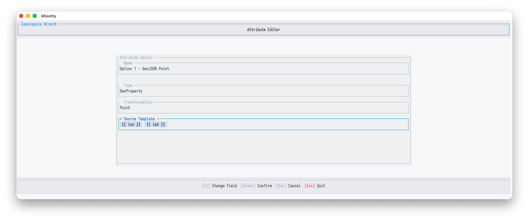 Wizard attribute editor: name, type, transformation, and a source template field building a point from longitude and latitude placeholders