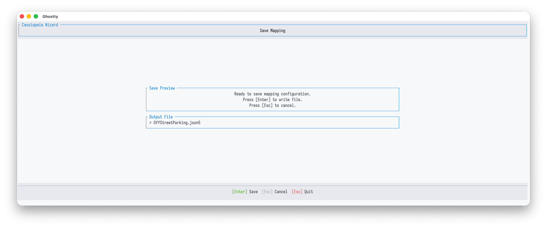Wizard save step: a save preview above the output file name ending in dot json5